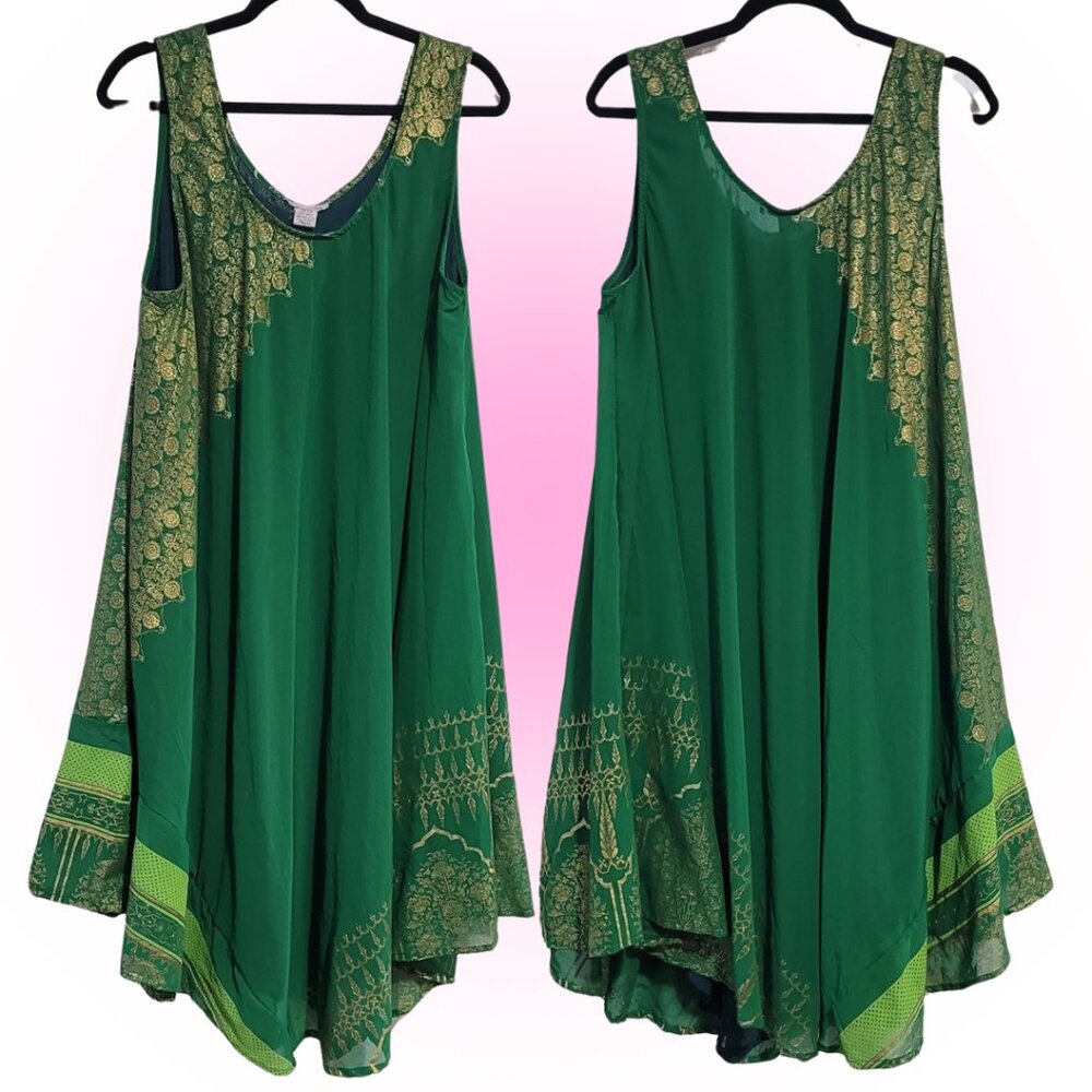 ❣️HOST PICK - STUNNING GREEN GOLD SARI INSPIRED GAUZY TANK DRESS EUC OSFM 1X 2X